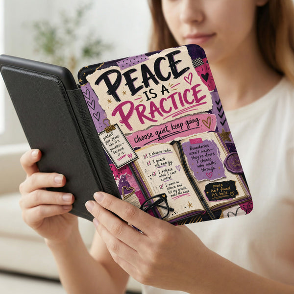 A person holds a book cover with "Peace is a Practice" and inspirational quotes.