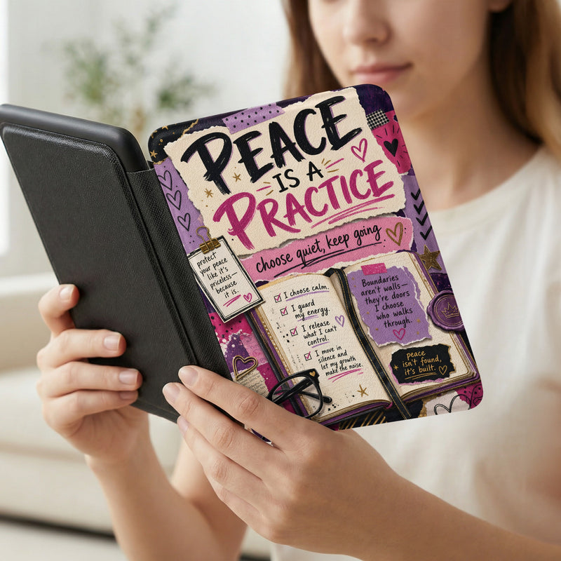A person holds a book cover with "Peace is a Practice" and inspirational quotes.
