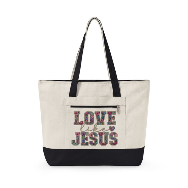 Love Like Jesus canvas tote bag for women — zippered Christian tote