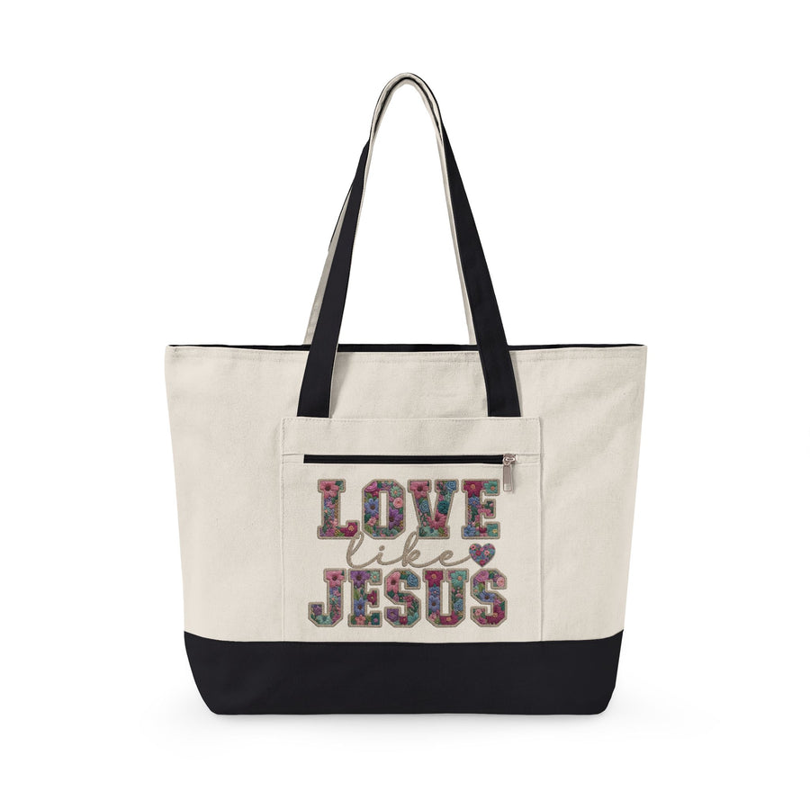 Love Like Jesus canvas tote bag for women — zippered Christian tote