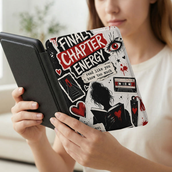 Tablet case with "Final Chapter Energy" text and book reading illustrations.
