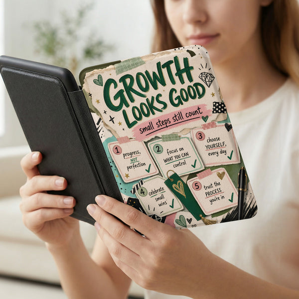 E-reader cover with "Growth Looks Good" and five growth tips.