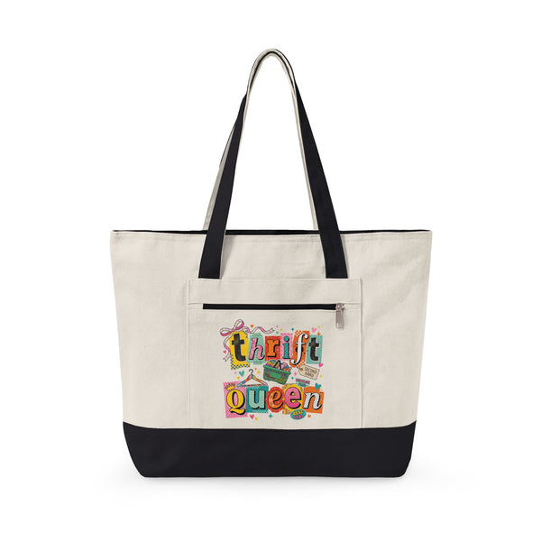 Thrift Queen canvas tote bag with zipper — reusable shopping tote