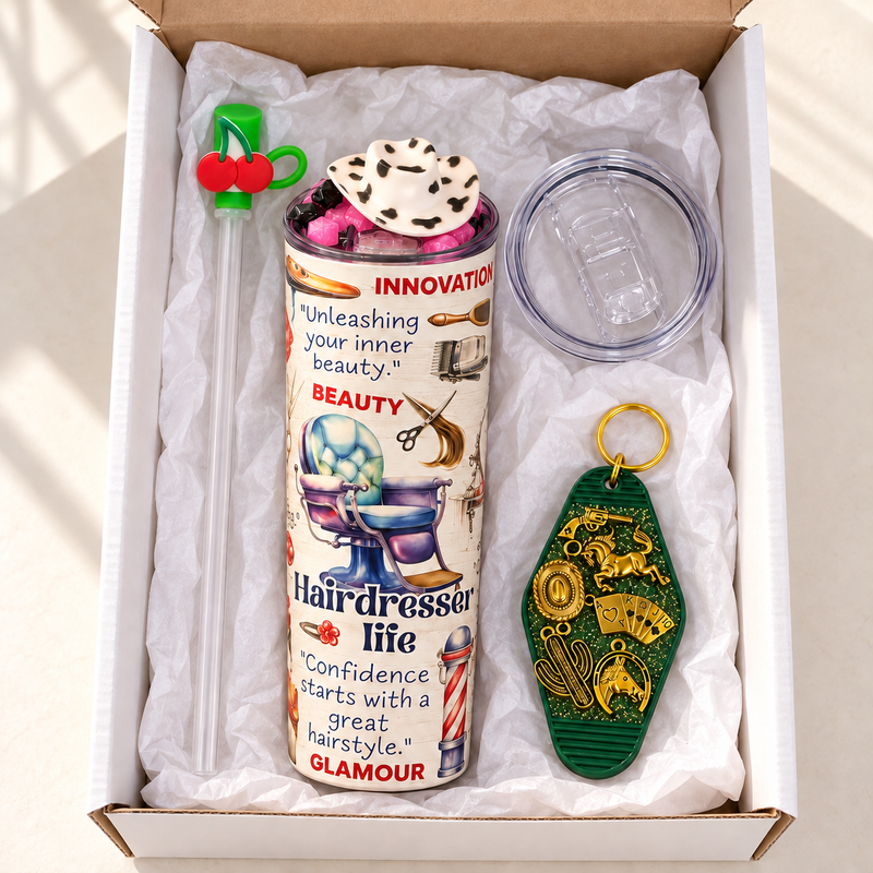 Hairdresser Gift Set: Cow Print Fixed Lid Tumbler and Keychain - gift boxed