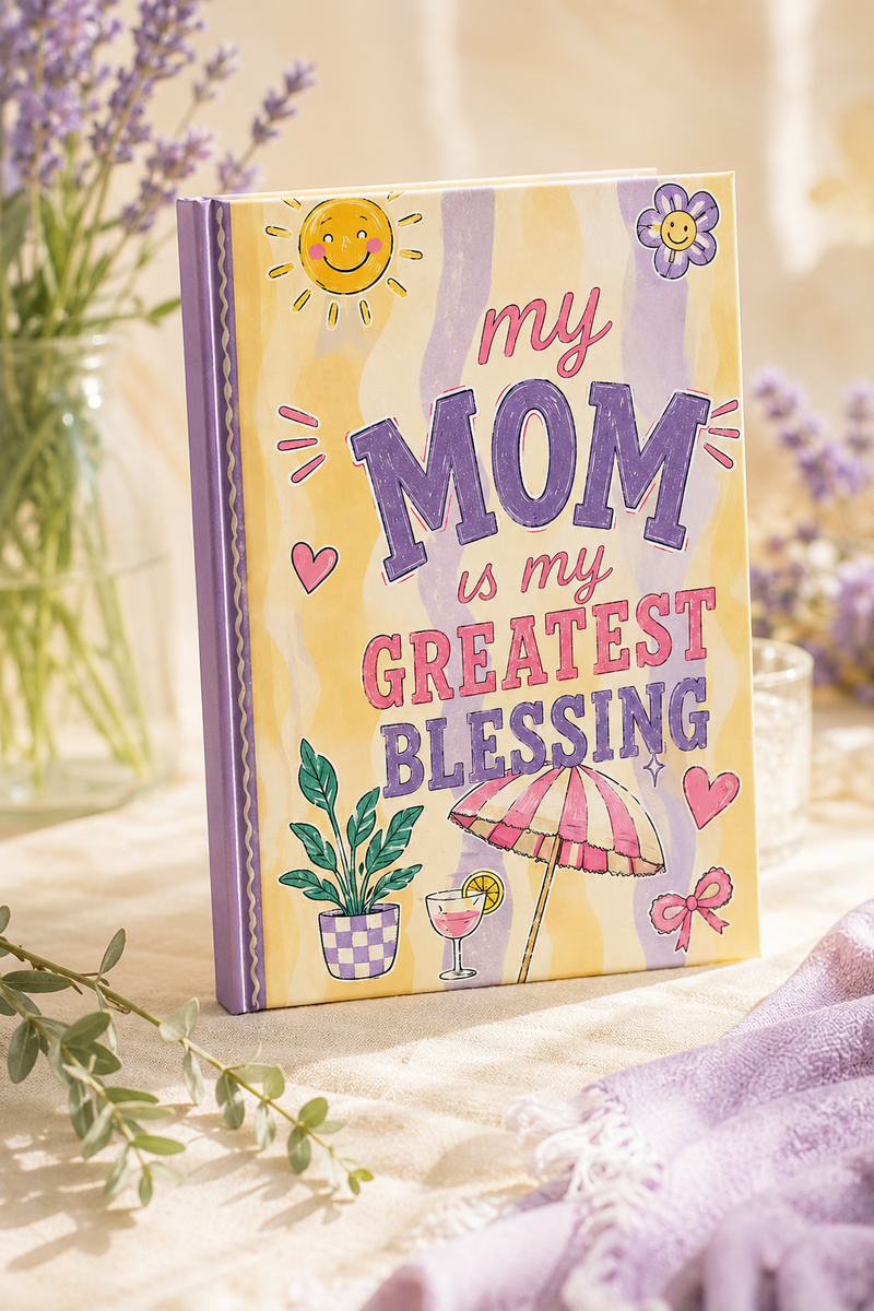 Personalized Mom Journal with My Mom is My Greatest Blessing front cover in purple and yellow coquette design