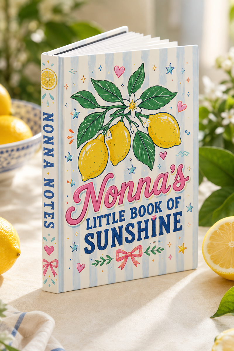 Personalized Nonna Journal Lemon Little Book of Sunshine keepsake notebook on table with fresh lemons