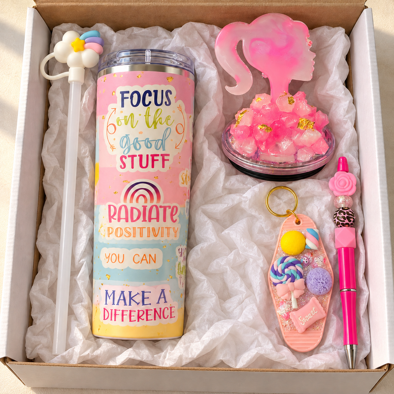 Pastel Positivity Ponytail Tumbler Gift Set, Pen and Keychain - gift boxed