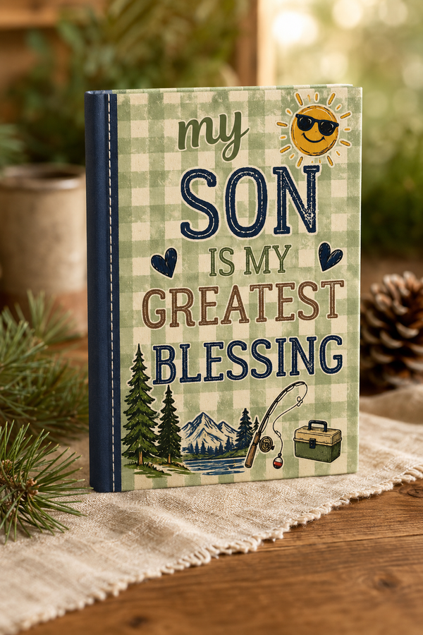 Personalized Son Reader Journal for book-loving sons with green gingham outdoor cover