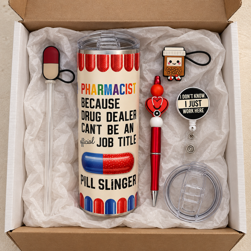 Funny Pharmacist Tumbler Gift Set with Badge Reel, Pen, Straw Covers - gift boxed