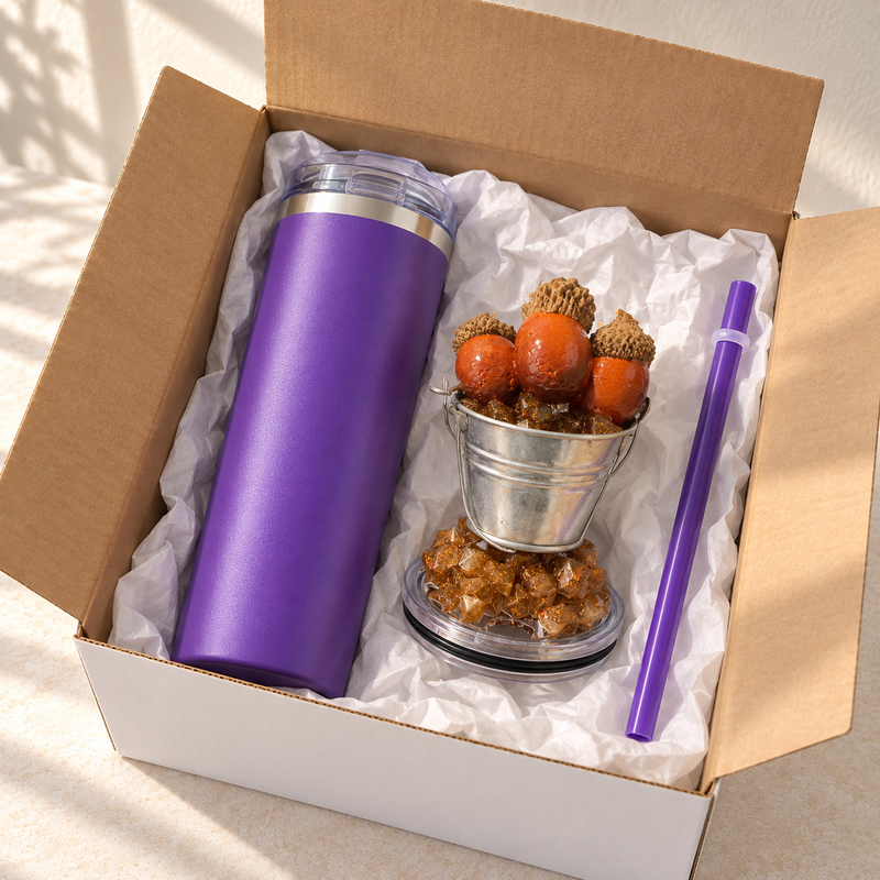 Purple Acorn Tumbler Gift Set with Handmade 3D Fake Ice Resin Lid - gift boxed