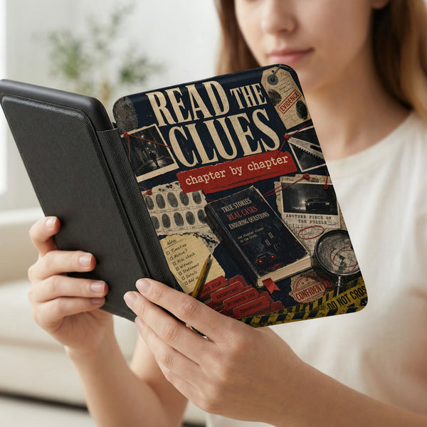 E-reader case with "Read the Clues" design and crime scene elements.