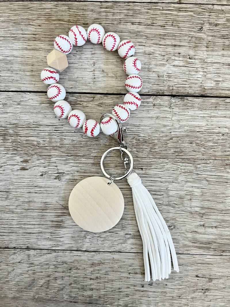 Baseball Wristlet Keychain | Personalized Beaded Wood Charm Keyring | Baseball Mom Gift