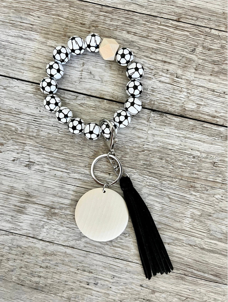 Soccer Wristlet | Beaded Keychain Wristlet with Wood Pendant | Sports Fan Accessory Gift