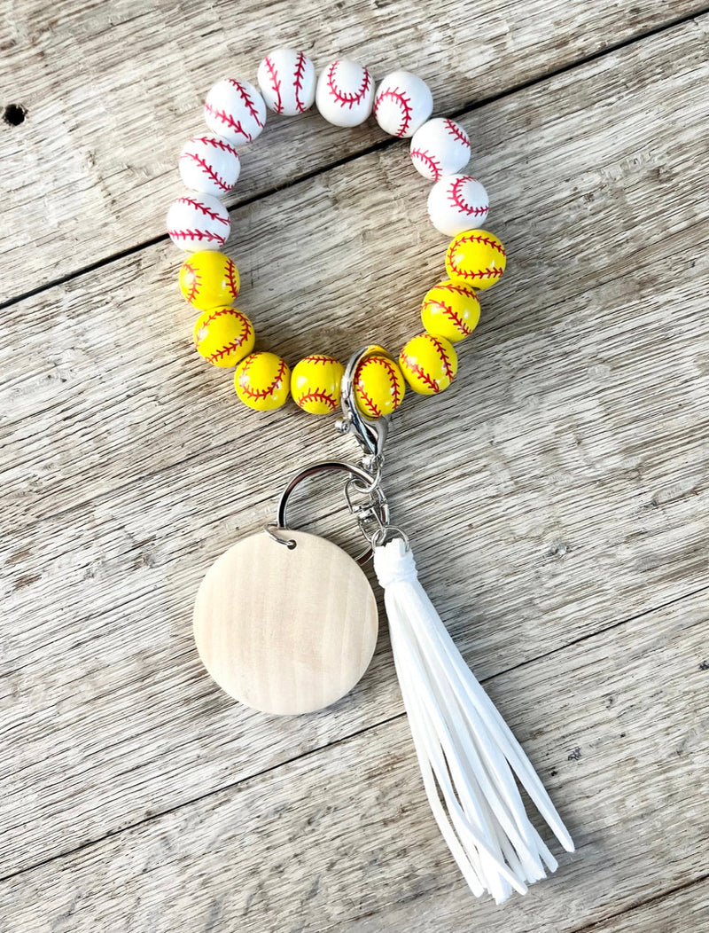 Baseball & Softball Combo Wristlet Keychain | Personalized Beaded Wood Charm | Sports Mom Gift