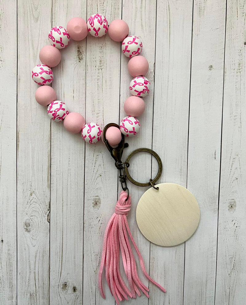 Breast Cancer Awareness Wristlet Keychain | Personalized Wood Charm Keyring | Pink Ribbon Gift