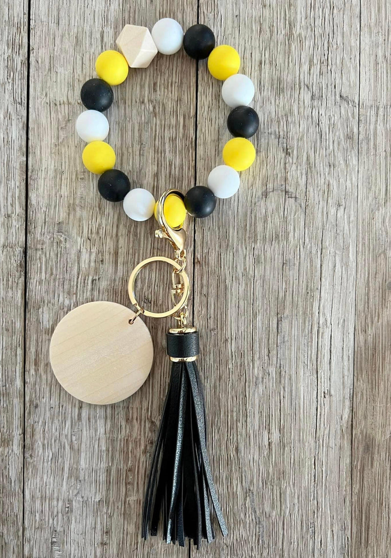 Yellow Black and White Wristlet | Silicone Bead Bracelet with Wood Charm | Fun Gift for Girls