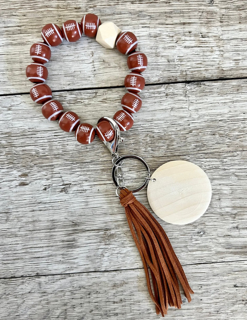 Football Wristlet Keychain | Personalized Beaded Wood Charm Keyring | Football Mom Gift
