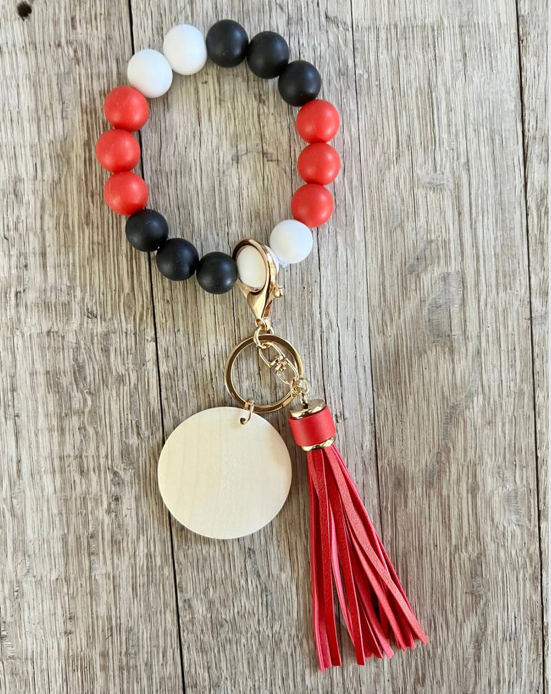 Red Black & White Beaded Wristlet | Boho Keychain Wristlet | Silicone Bead Wristlet with Wood Pendant
