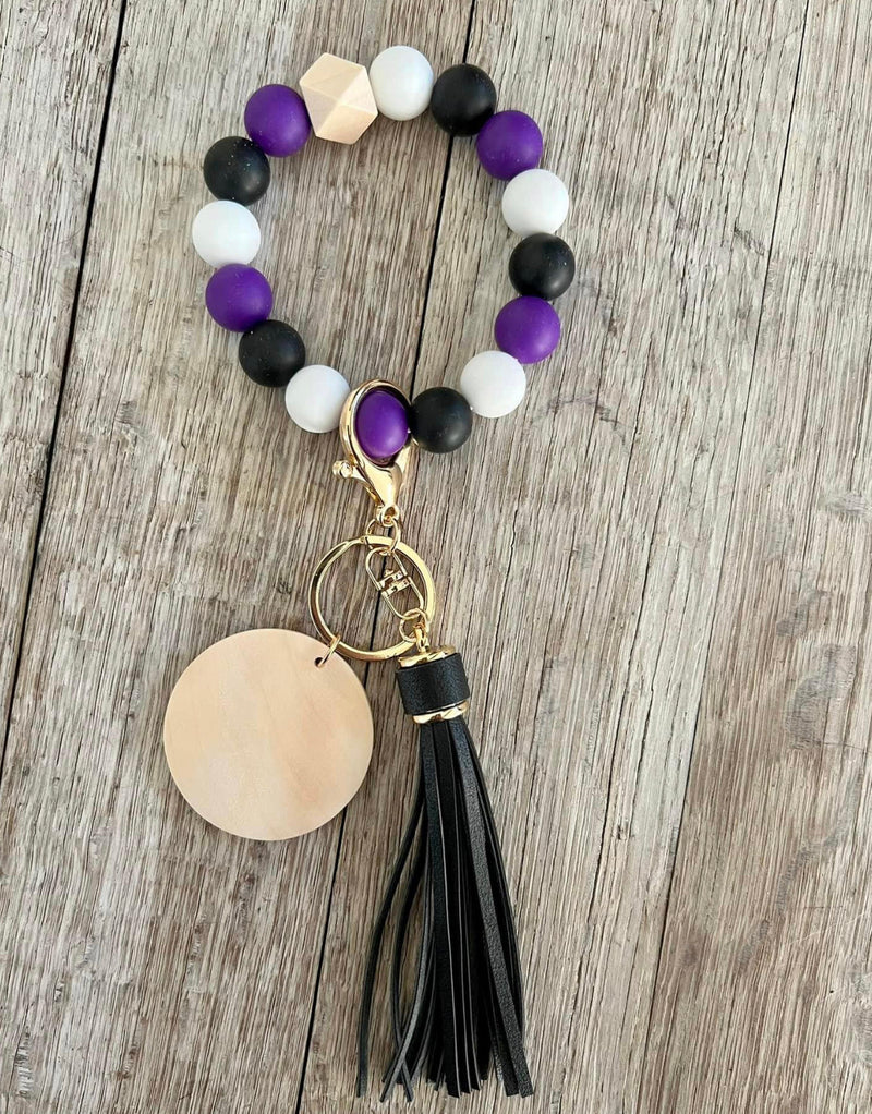 Purple Black & White Beaded Wristlet | Boho Keychain Wristlet | Silicone Bead Wristlet with Wood Pendant