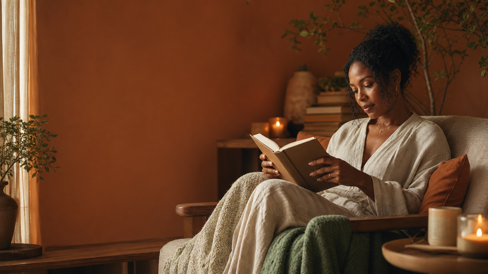 African American woman enjoying a book in a warm reading room