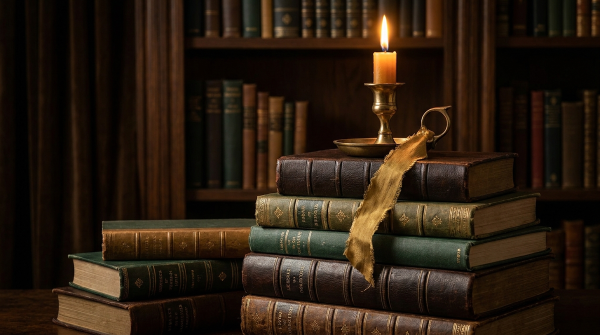 Stack of hardcover books with warm amber candlelight and antique gold bookmark