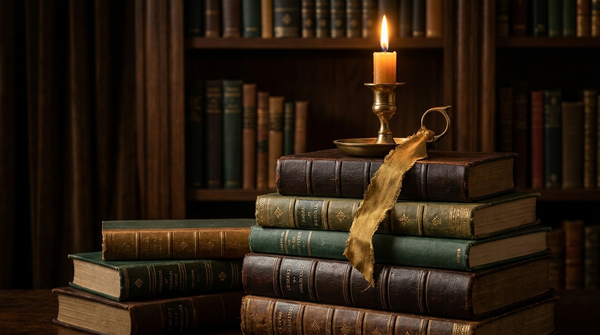 Stack of hardcover books with warm amber candlelight and antique gold bookmark