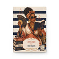 Hot Flashes and Plot Twists Menopause Book Club hardcover journal front cover with African American woman in coral head wrap brass vintage fan navy and cream stripes book stack