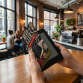 E-reader case with "Read the Clues" book cover design in a coffee shop.