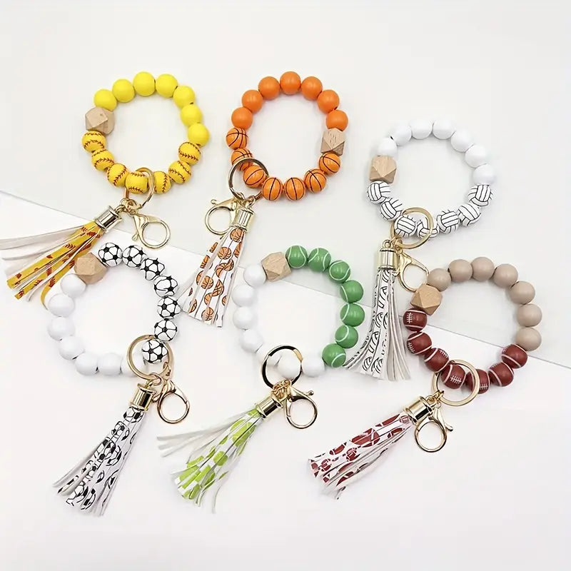 Sports Beaded Wristlet Keychain with Tassel – Multi-Sport Bracelet | Baseball, Soccer, Tennis & More