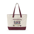 She Prays floral Christian zippered canvas tote bag, color option