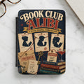 Book Club Alibi design with suspect cards, clues, and mystery book titles.