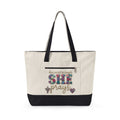 She Prays floral Christian canvas tote bag — zippered tote