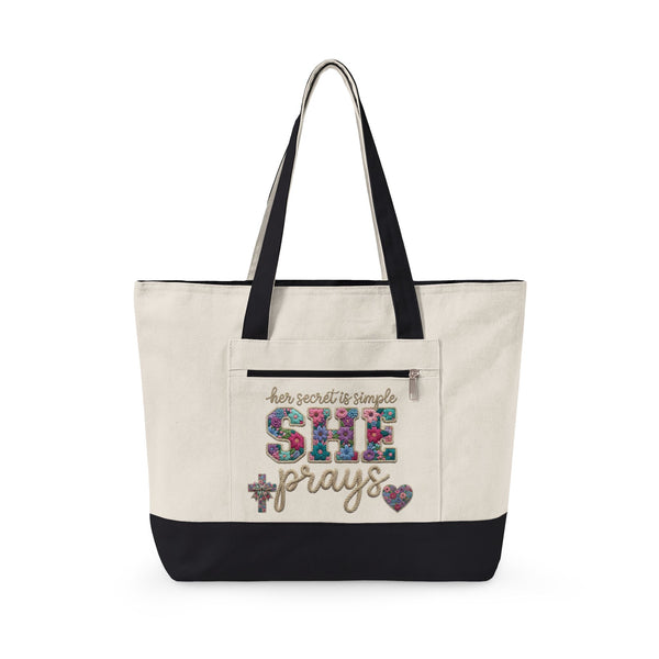 She Prays floral Christian canvas tote bag — zippered tote