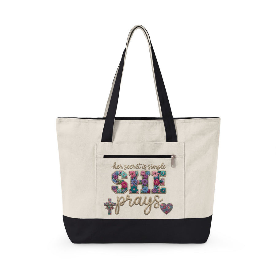 She Prays floral Christian canvas tote bag — zippered tote