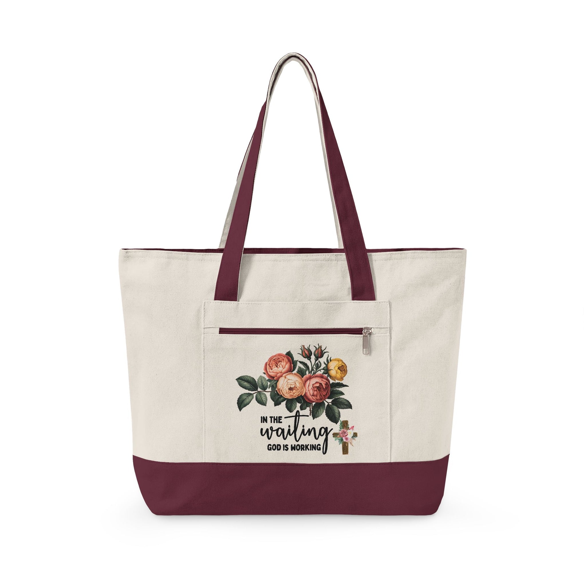 Zippered Canvas Tote Bag for Women – Large Heavy Duty Cotton Tote with Pocket, Reusable Grocery & Work Bag, Stylish Everyday Shoulder Bag