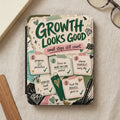 Planner cover with "Growth Looks Good" and five numbered steps for personal development.