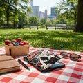 Kindle on picnic blanket with berries, journal, pen, and sunglasses.