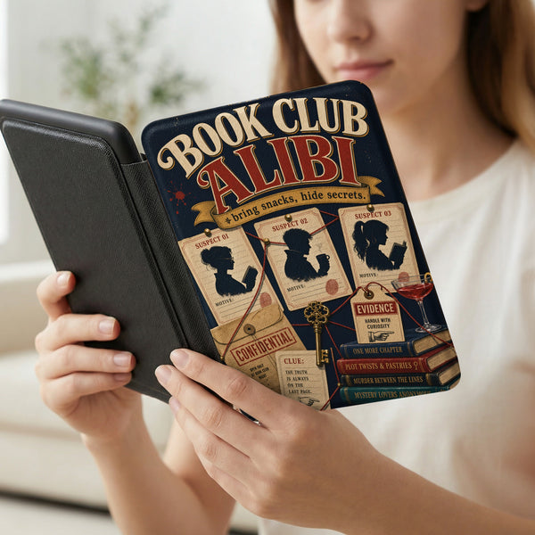Book Club Alibi case with suspects, evidence, and clue details and book titles.