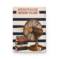 Hot Flashes and Plot Twists Menopause Book Club hardcover journal back cover showing vintage brass fan stacked titled books and navy striped design