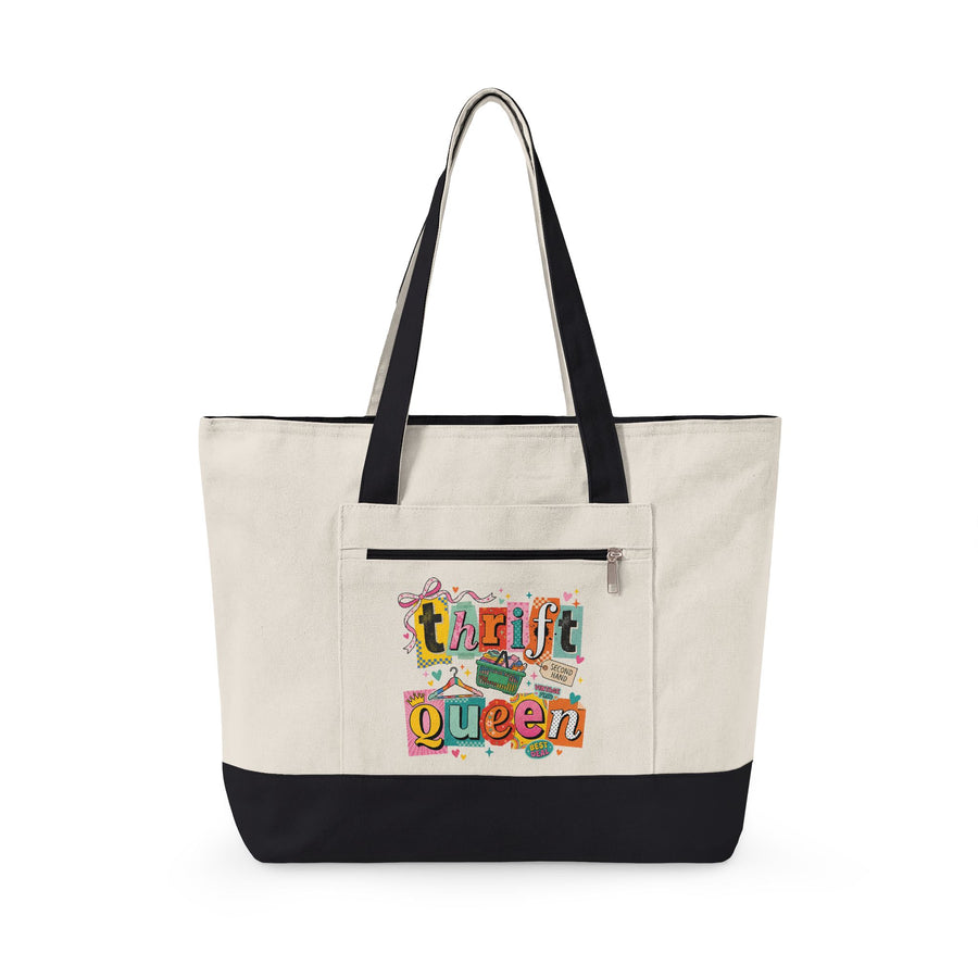 Thrift Queen canvas tote bag with zipper — reusable shopping tote