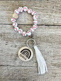 Baseball Wristlet Keychain | Personalized Beaded Wood Charm Keyring | Baseball Mom Gift
