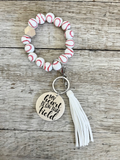 Baseball Wristlet Keychain | Personalized Beaded Wood Charm Keyring | Baseball Mom Gift