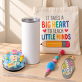 Teacher Gift Set: Big Heart Tote Bag and Tumbler with Pen and Keychain - lid options