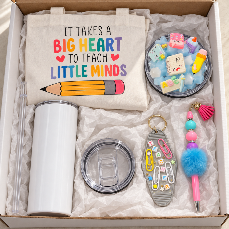 Teacher Gift Set: Big Heart Tote Bag and Tumbler with Pen and Keychain - gift boxed