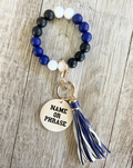 Blue Black & White Beaded Wristlet Keychain | Personalized Wood Charm Keyring | Custom Accessory