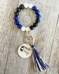 Blue Black & White Beaded Wristlet Keychain | Personalized Wood Charm Keyring | Custom Accessory