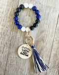 Blue Black & White Beaded Wristlet Keychain | Personalized Wood Charm Keyring | Custom Accessory