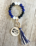 Blue Black & White Beaded Wristlet Keychain | Personalized Wood Charm Keyring | Custom Accessory