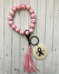Breast Cancer Awareness Wristlet Keychain | Personalized Wood Charm Keyring | Pink Ribbon Gift