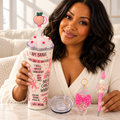 Breast Cancer Warrior Tumbler Gift Set with Pen, Keychain, Topper - held in hand